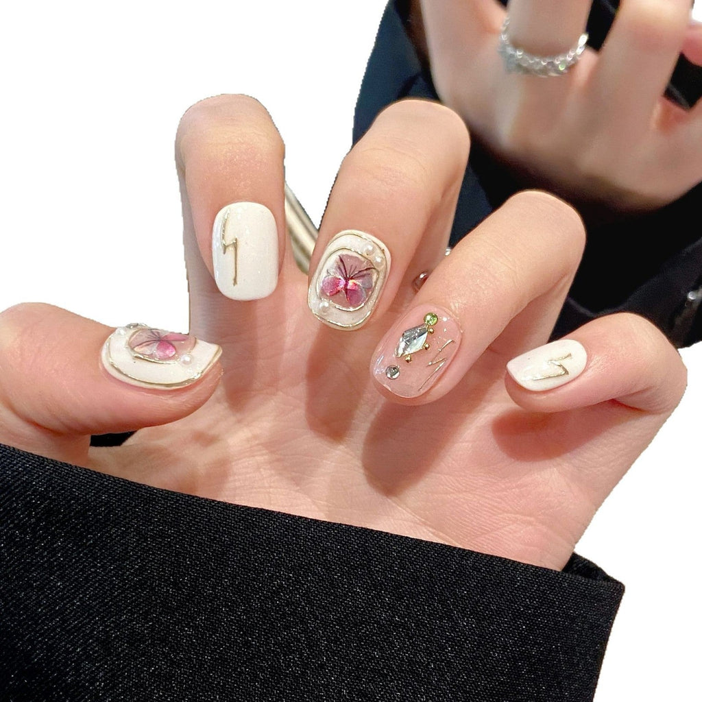365nails: "Golden Butterfly" – 3D Pearl & Foil Handmade Short Square Nails