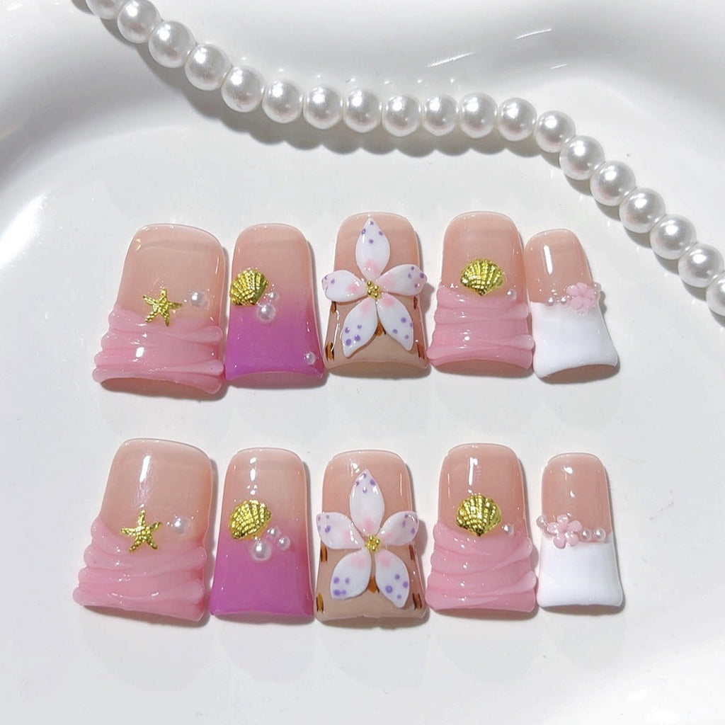 Coastal Bloom: "Seashell Sakura" – Short Square Nails