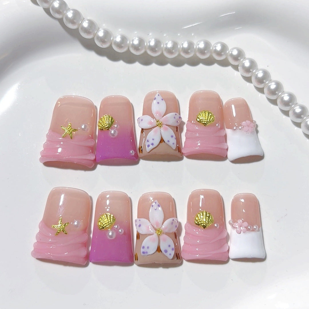 Coastal Bloom: "Seashell Sakura" – Short Square Nails