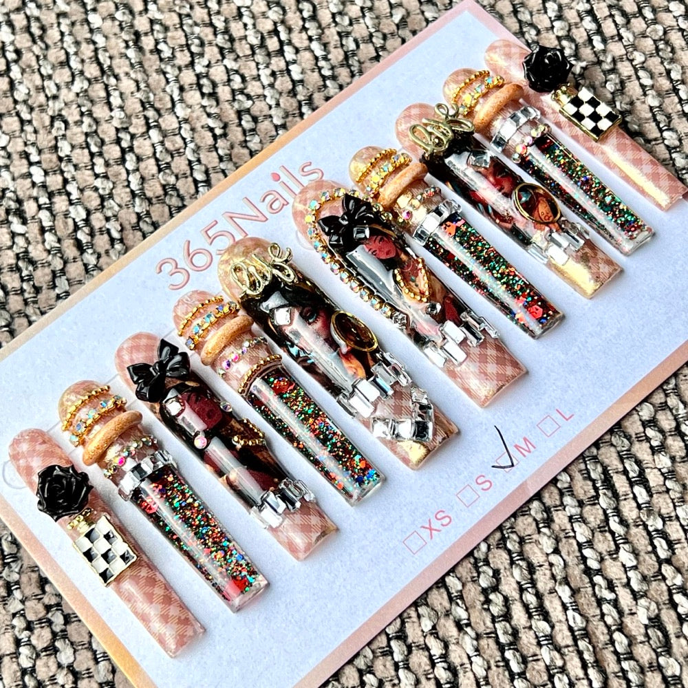 365nails: "Bohemian Tribal Queen" – Handmade Liquid Motion Press-On Long Pipe Nails-5.5cm