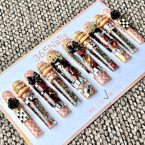 365nails: "Bohemian Tribal Queen" – Handmade Liquid Motion Press-On Long Pipe Nails-5.5cm