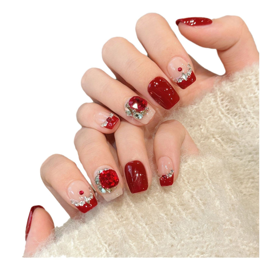 365nails: "Crimson Bloom" – 3D Floral Rhinestone Handmade Short Square Nails