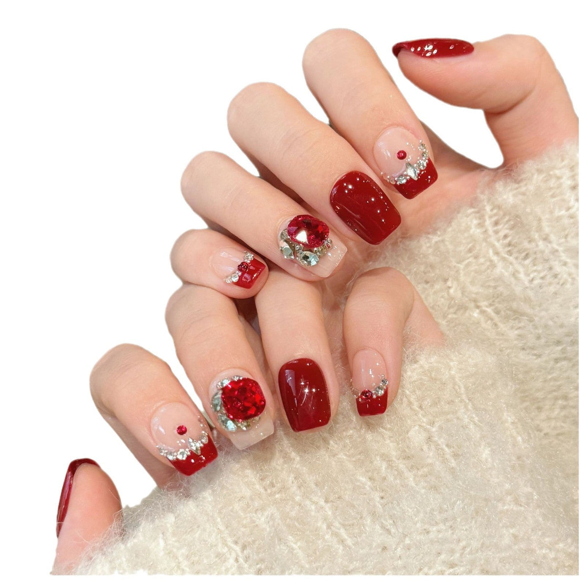 365nails: "Crimson Bloom" – 3D Floral Rhinestone Handmade Short Square Nails