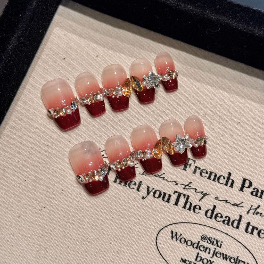 365nails: "Velvet Crush" – Gradient French & Crystal Embellished Handmade Square Nails