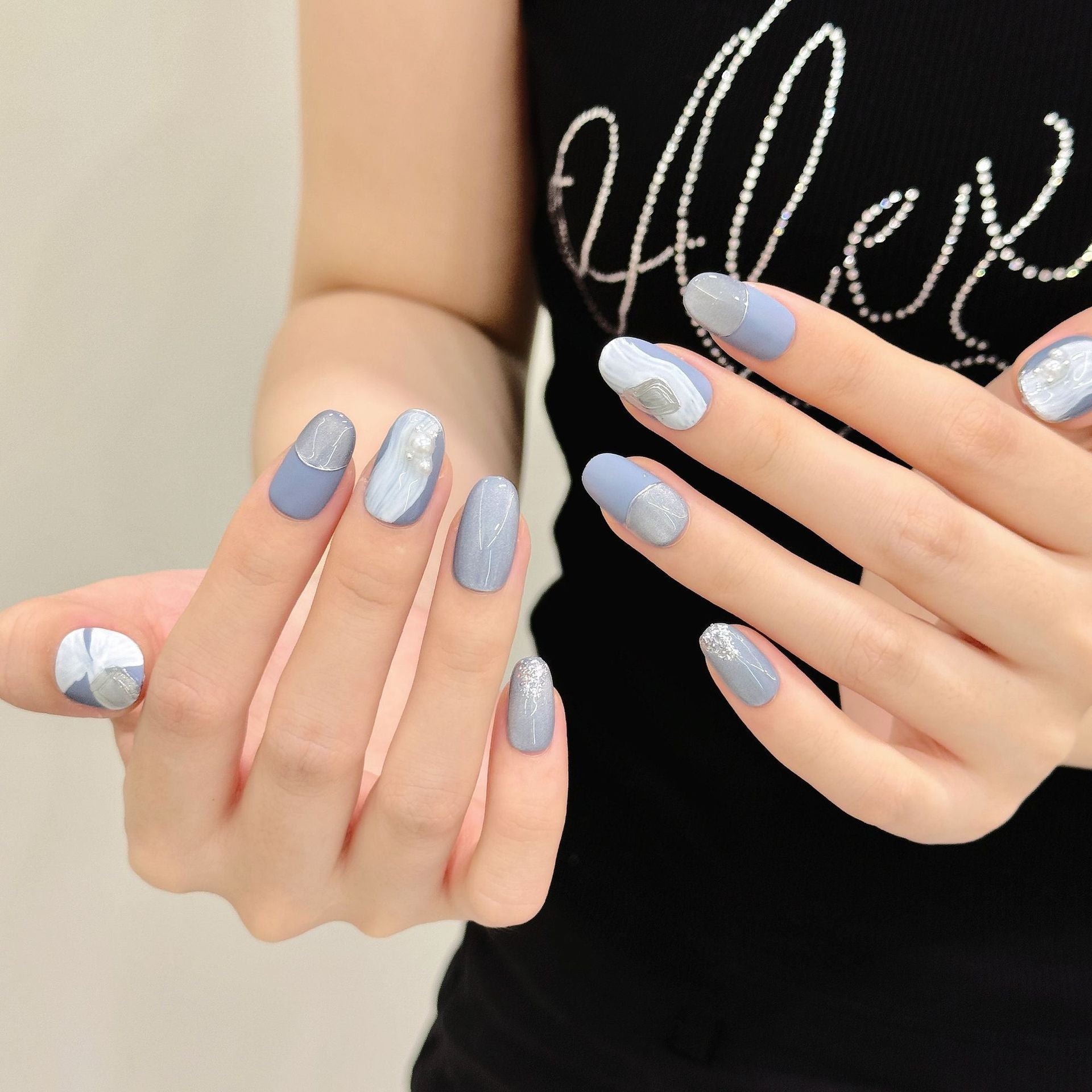 365nails: "Misty Marble" – Matte Blue French Tip Handmade Short Square Nails