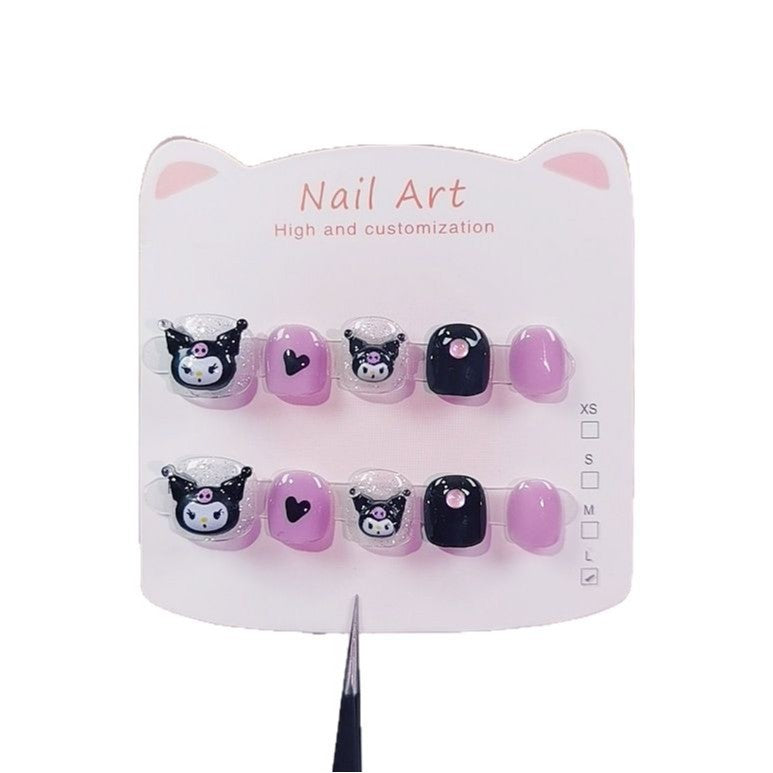 Kulomie Dark Cute Kids Press On Nails with Bow Details