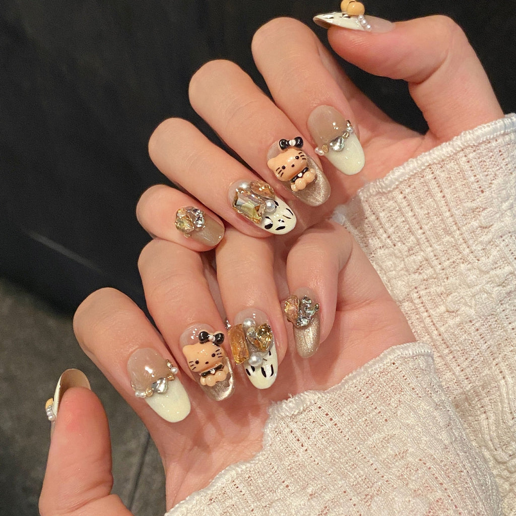 365nails: "Kitty's Garden" – 3D Bow & Cat Handmade Oval Nails