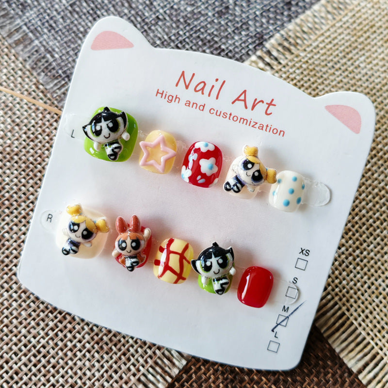 365nails: "powerpuff girls" – short round handmade kids press-on nails
