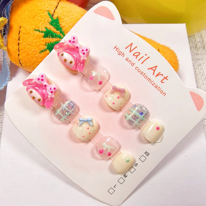 Melody Pink Cute Kids Press On Nails with Bow Glitter