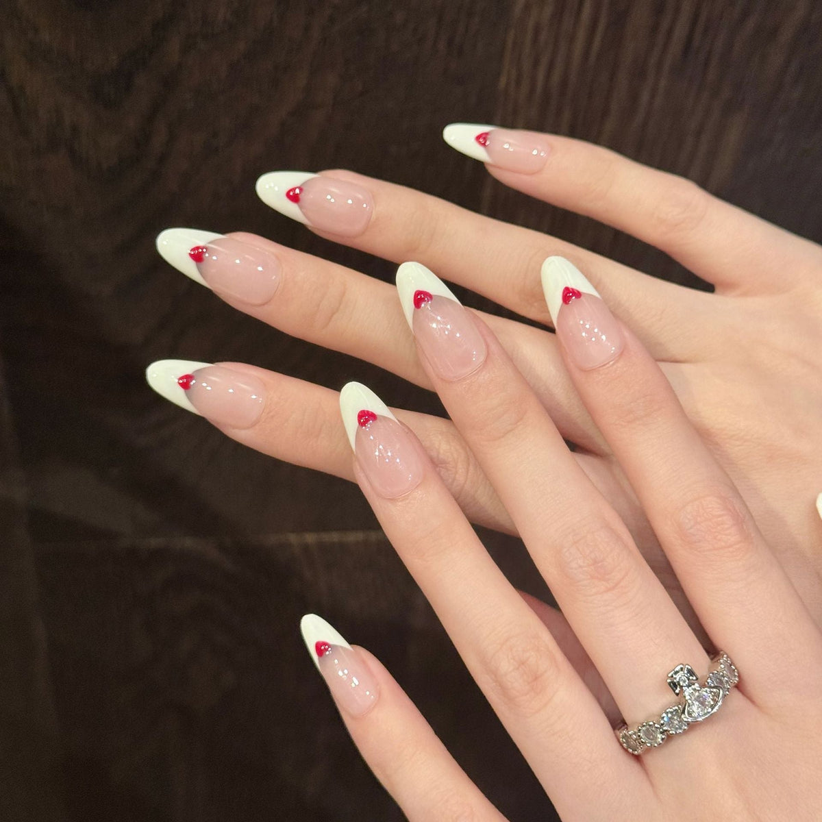 365nails: "Sweetheart's Whisper" – 3D Heart French Tip Handmade Almond Nails