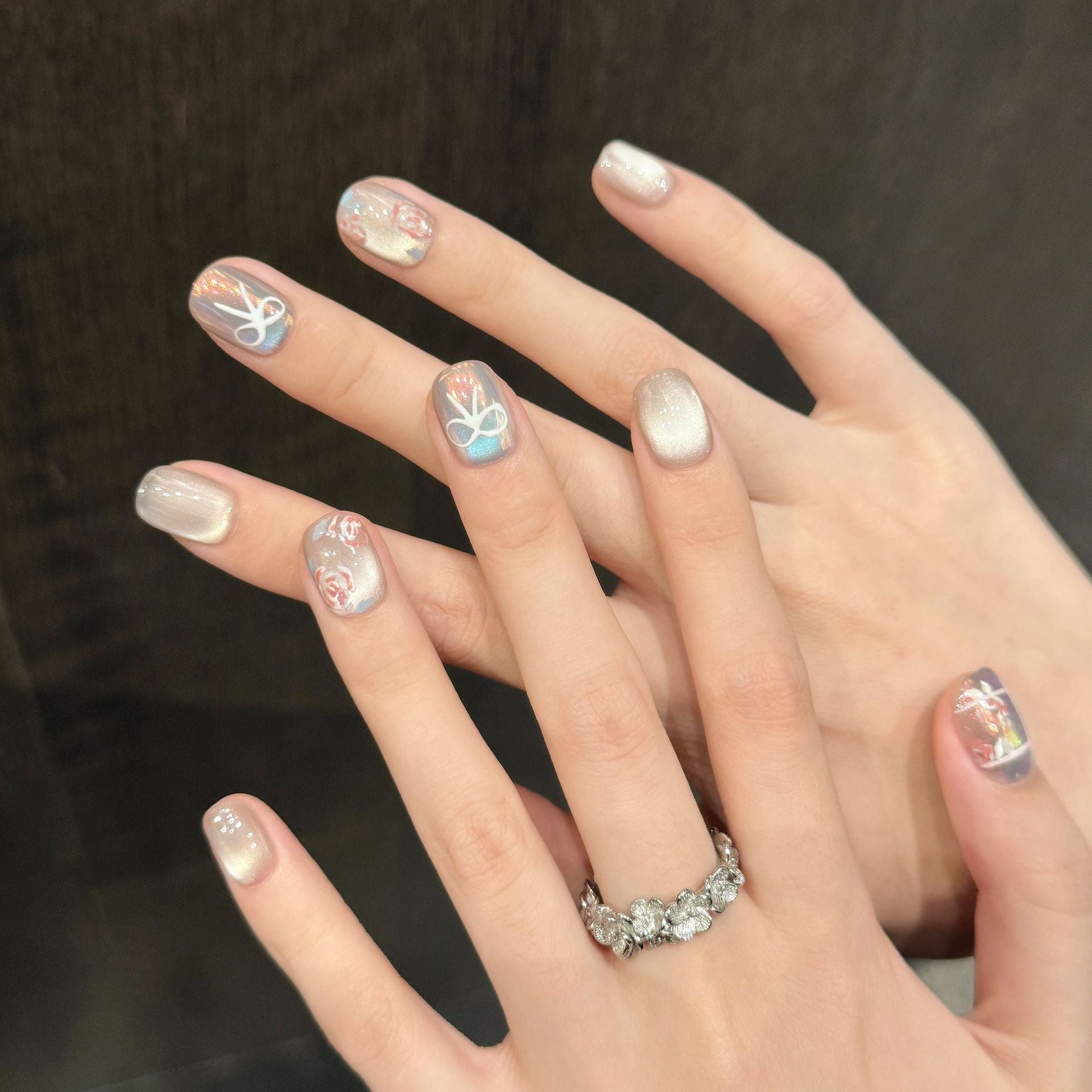 365nails: "Dreamy Opal" – Hand-Painted Floral & Bow Cat Eye Handmade Square Nails