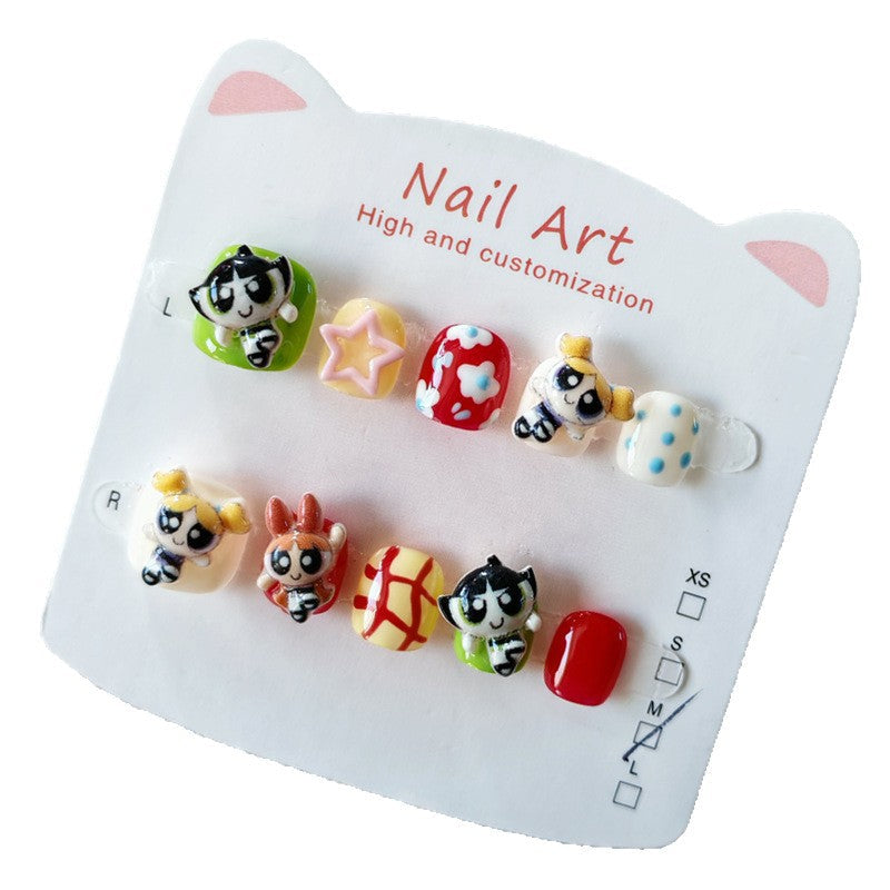 365nails: "powerpuff girls" – short round handmade kids press-on nails