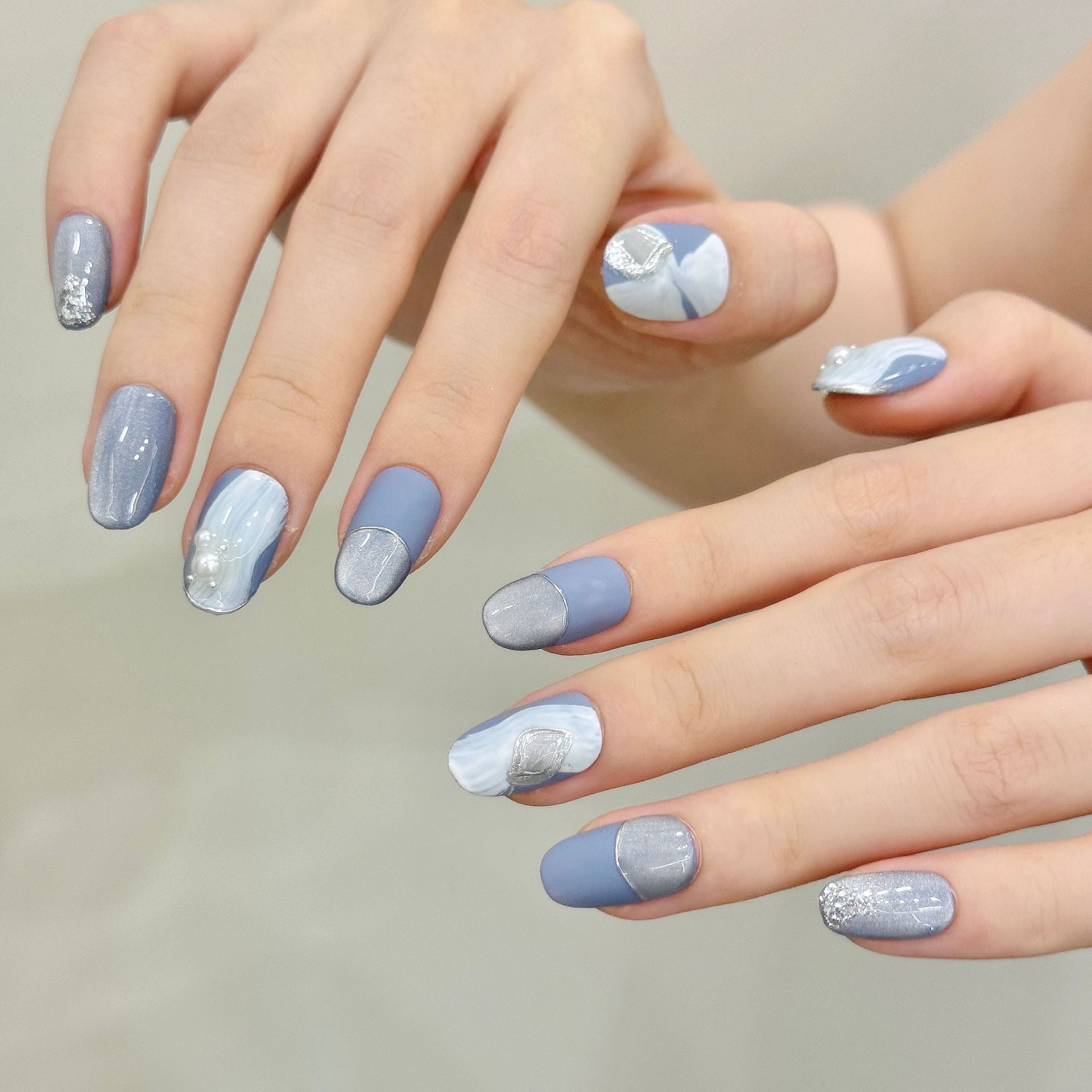 365nails: "Misty Marble" – Matte Blue French Tip Handmade Short Square Nails