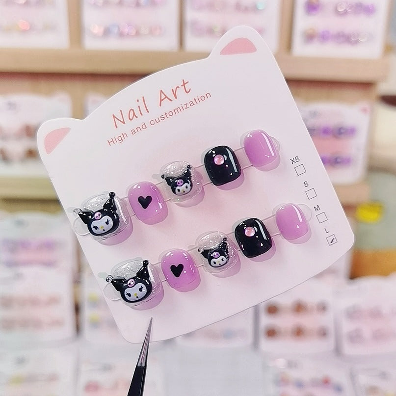 Kulomie Dark Cute Kids Press On Nails with Bow Details