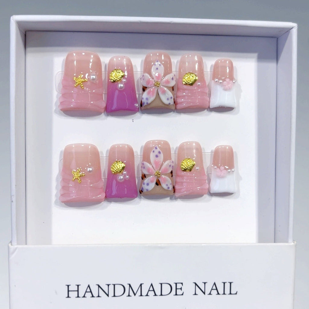 Coastal Bloom: "Seashell Sakura" – Short Square Nails