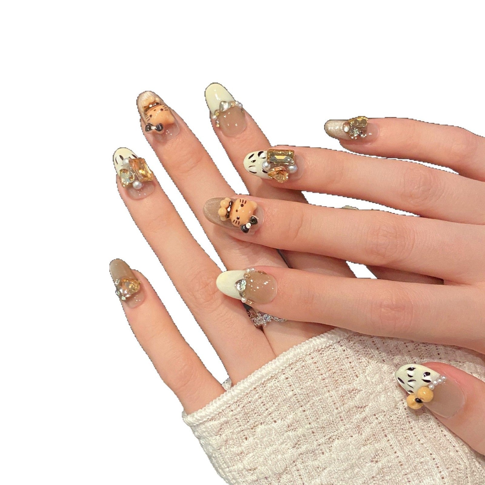 365nails: "Kitty's Garden" – 3D Bow & Cat Handmade Oval Nails
