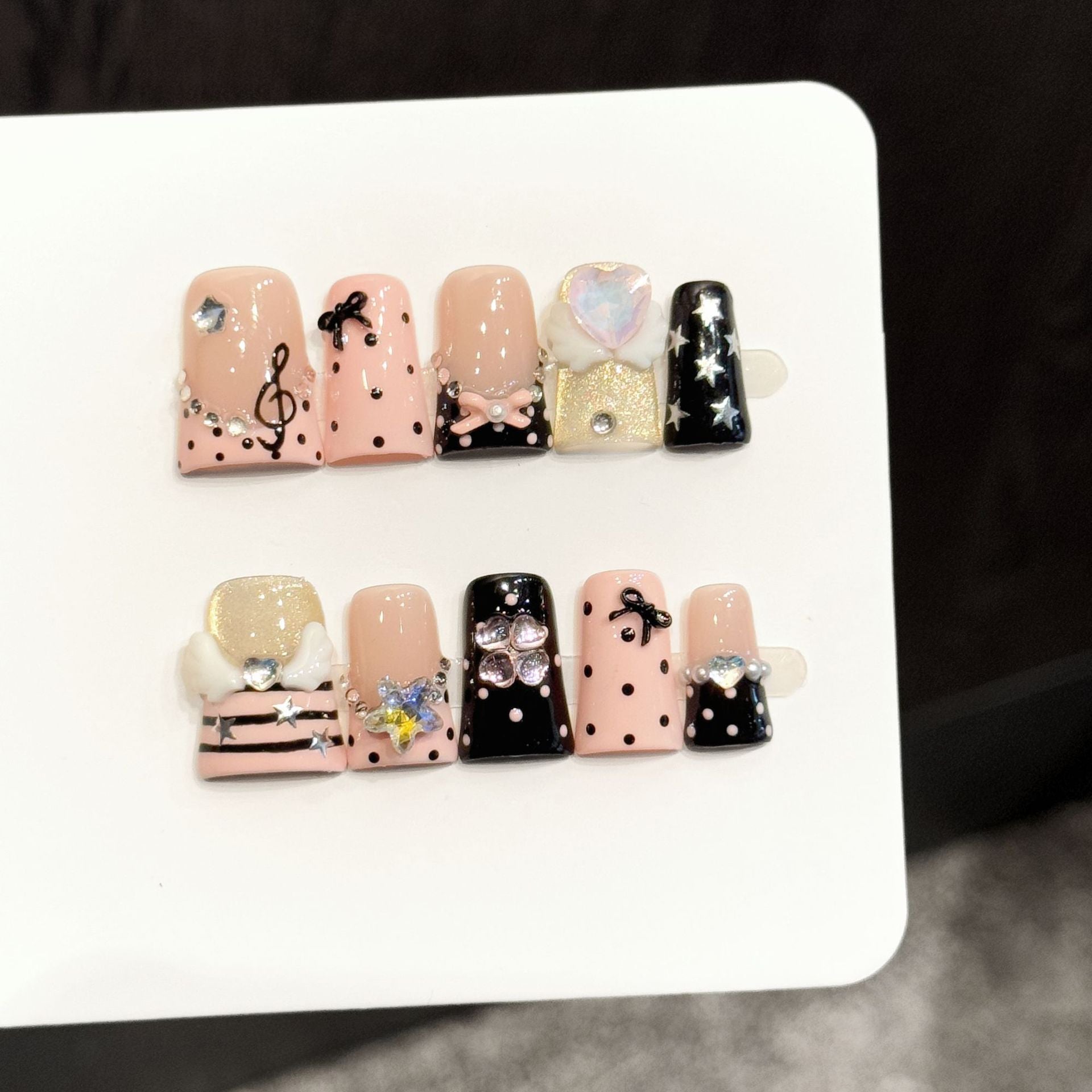365nails: "Sweet Symphony" – 3D Bow & Music Note Handmade Short Square Nails