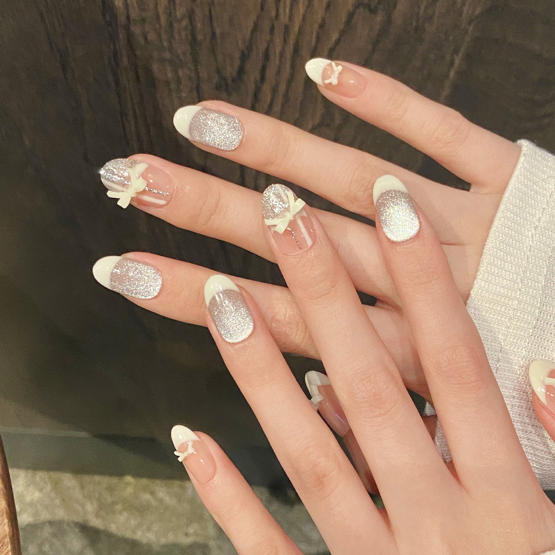 365nails: "Ballet Ribbon" – 3D Bow French Tip & Silver Glitter Handmade Coffin Nails
