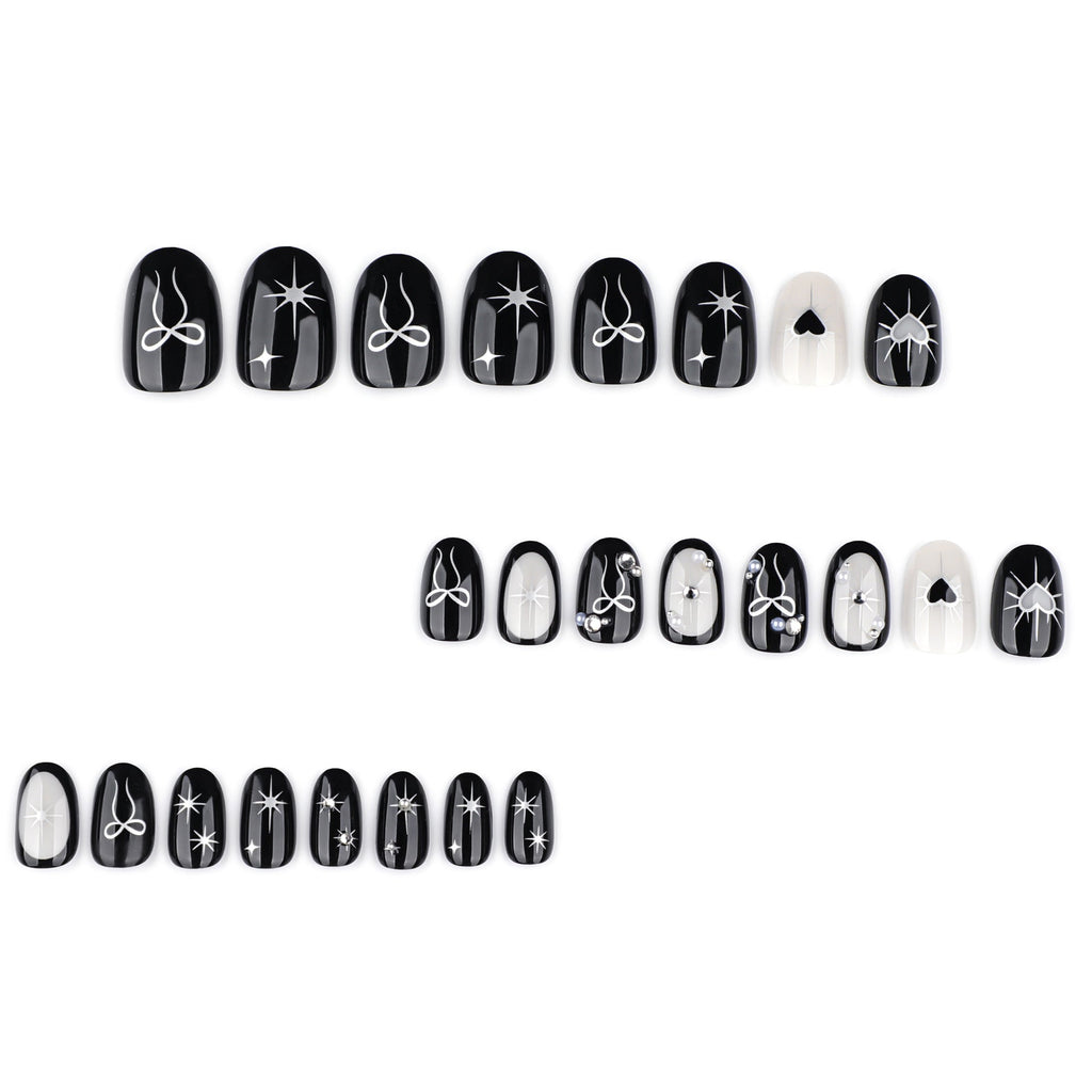 Black and White Heart Bow Nails with Pearl Accents