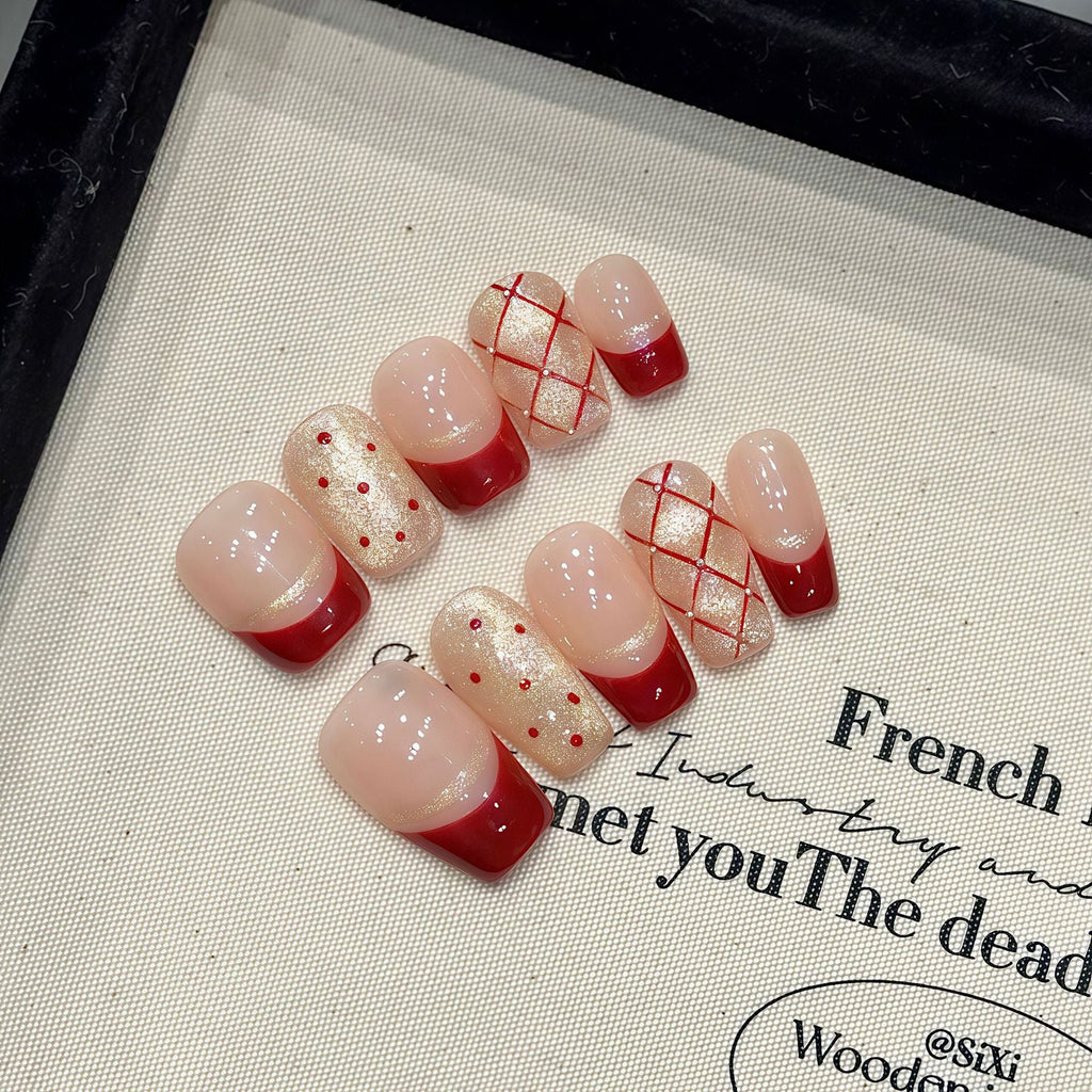 365nails: "Parisian Noel" – Red French Tip & Plaid Handmade Short Square Nails