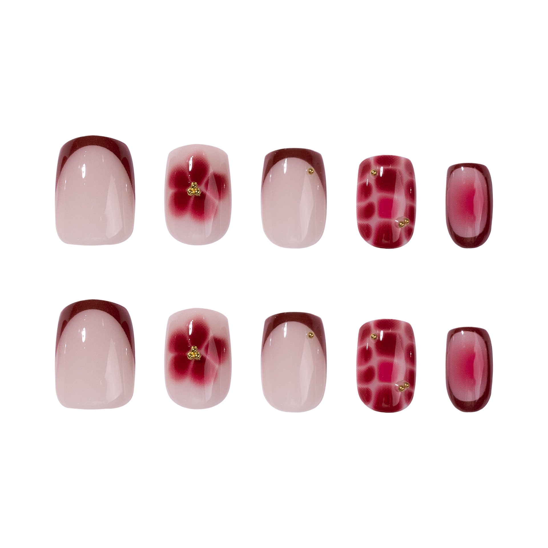 365nails: "Burgundy French Floral Square" – Ombre & Checker Press-on Nails