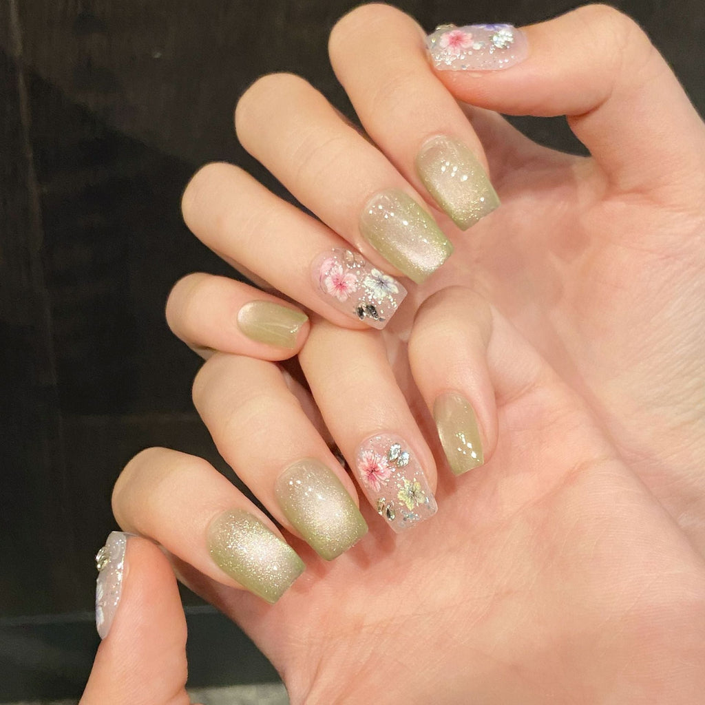 365nails: "Whispering Meadow" – 3D Floral & Cat Eye Handmade Short Square Nails