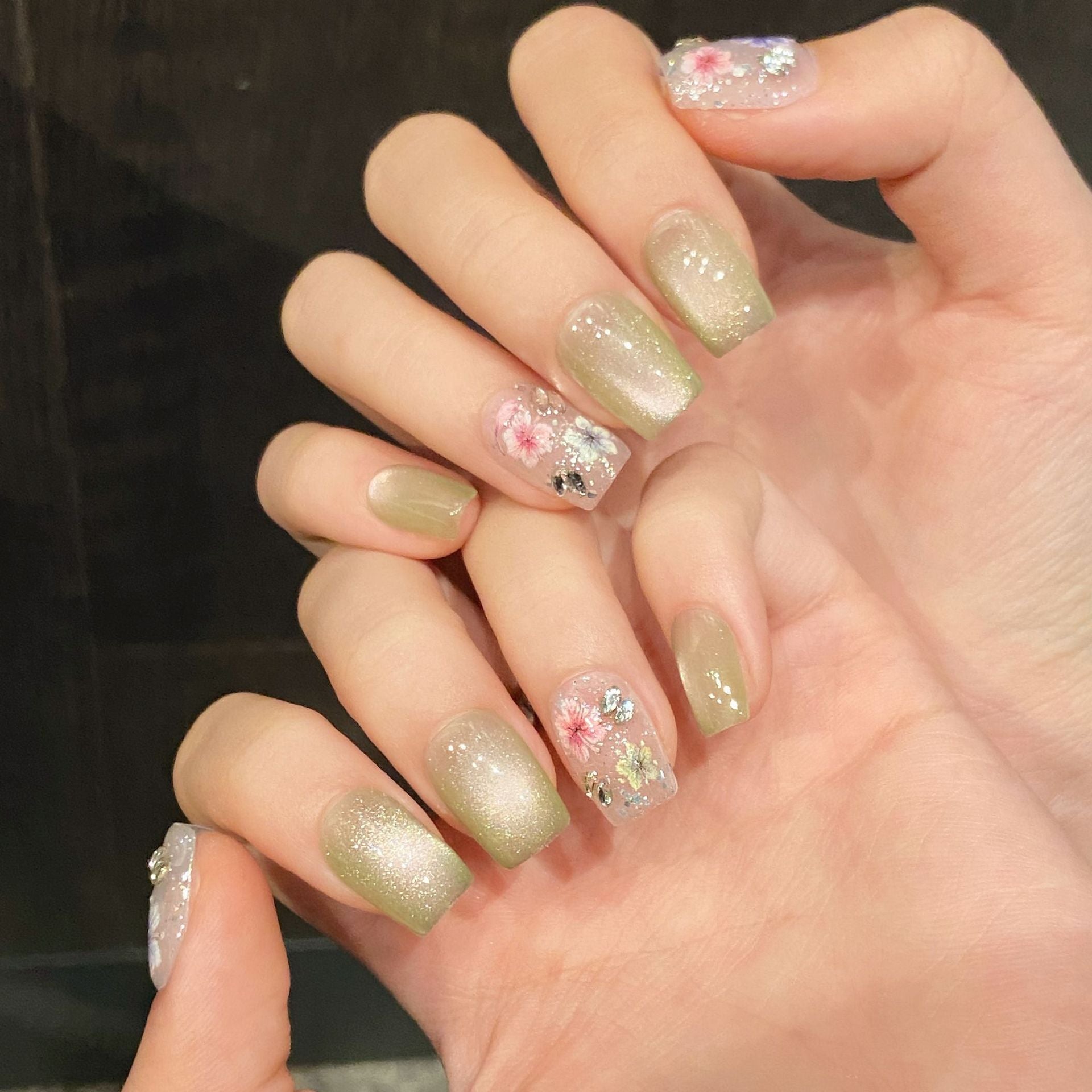 365nails: "Whispering Meadow" – 3D Floral & Cat Eye Handmade Short Square Nails