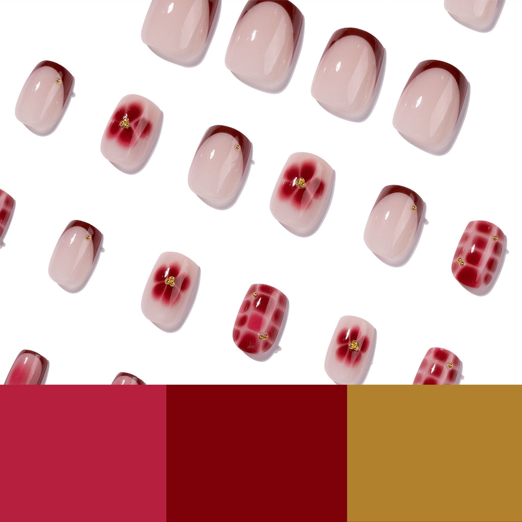 365nails: "Burgundy French Floral Square" – Ombre & Checker Press-on Nails