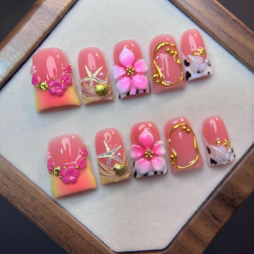 Pink Ocean Flower Starfish Press-On Nails