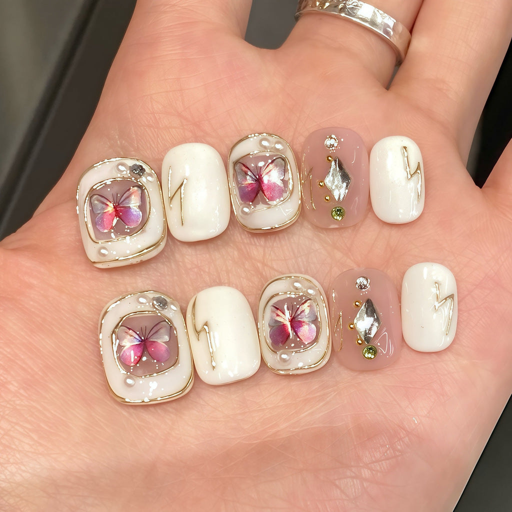 365nails: "Golden Butterfly" – 3D Pearl & Foil Handmade Short Square Nails