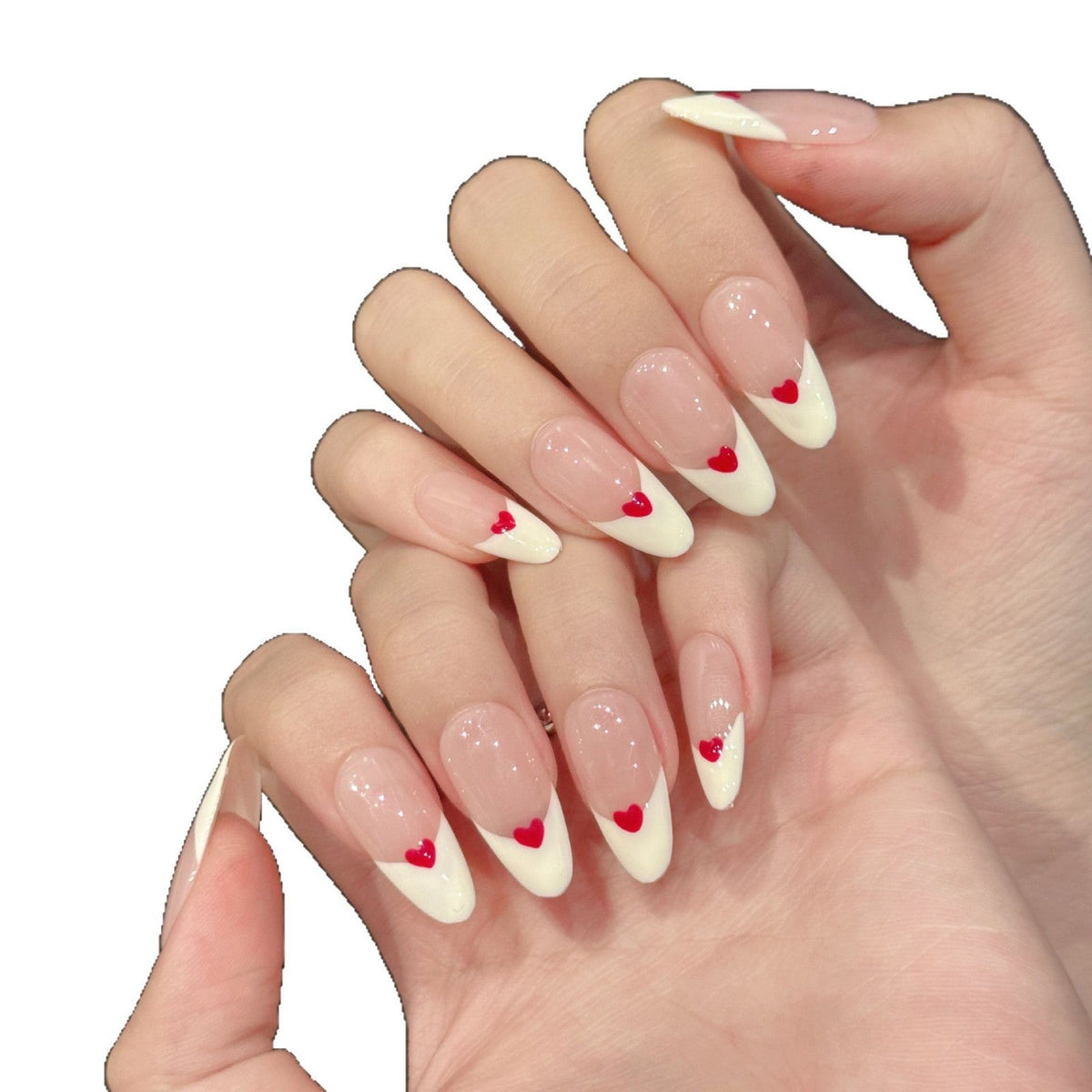 365nails: "Sweetheart's Whisper" – 3D Heart French Tip Handmade Almond Nails