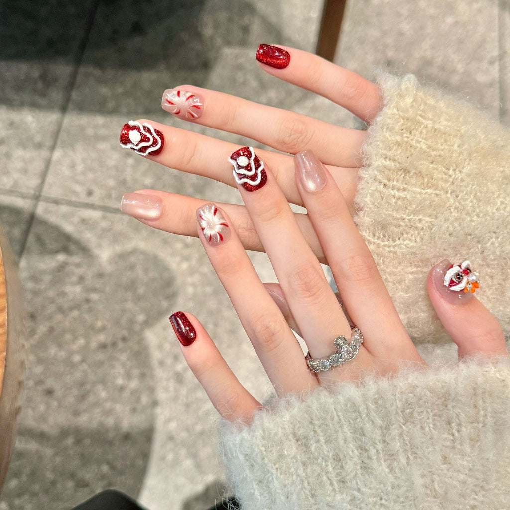 365nails: "Lucky Lion" – 3D Lion Dance & Cat-Eye Handmade Short Square Nails