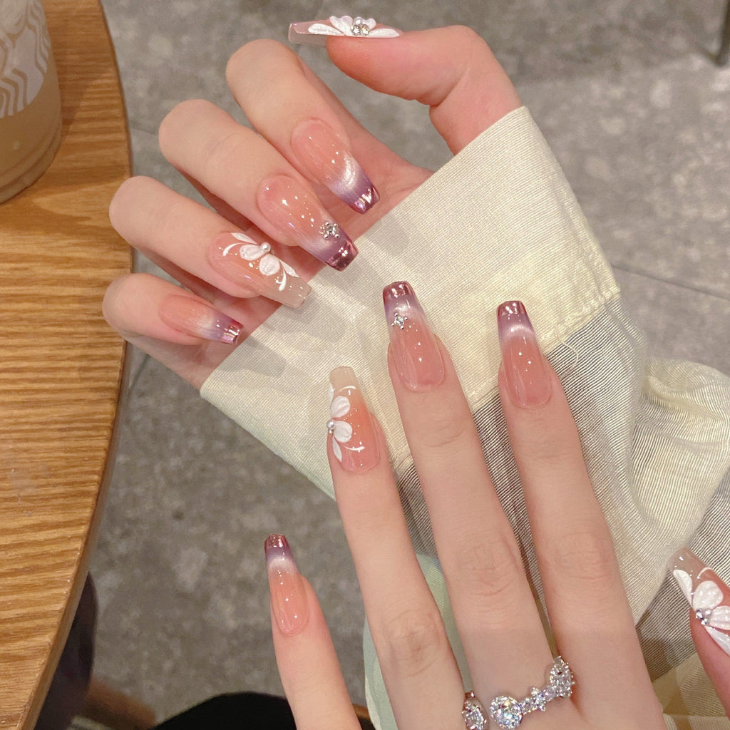 365nails: "Violet Bloom" – Hand-Painted Floral Cat Eye Gradient Square Nails