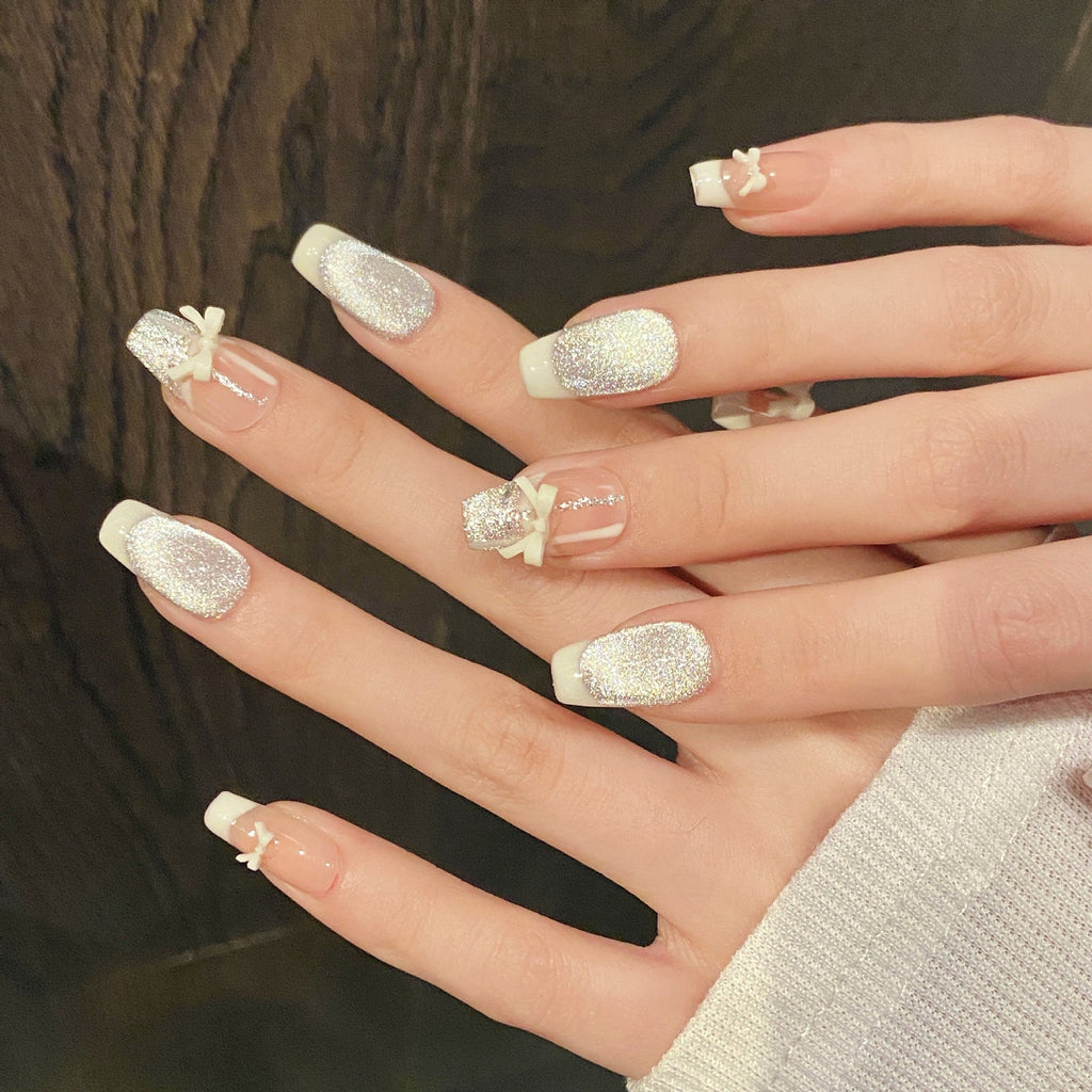 365nails: "Ballet Ribbon" – 3D Bow French Tip & Silver Glitter Handmade Coffin Nails