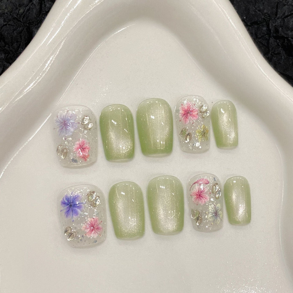 365nails: "Whispering Meadow" – 3D Floral & Cat Eye Handmade Short Square Nails