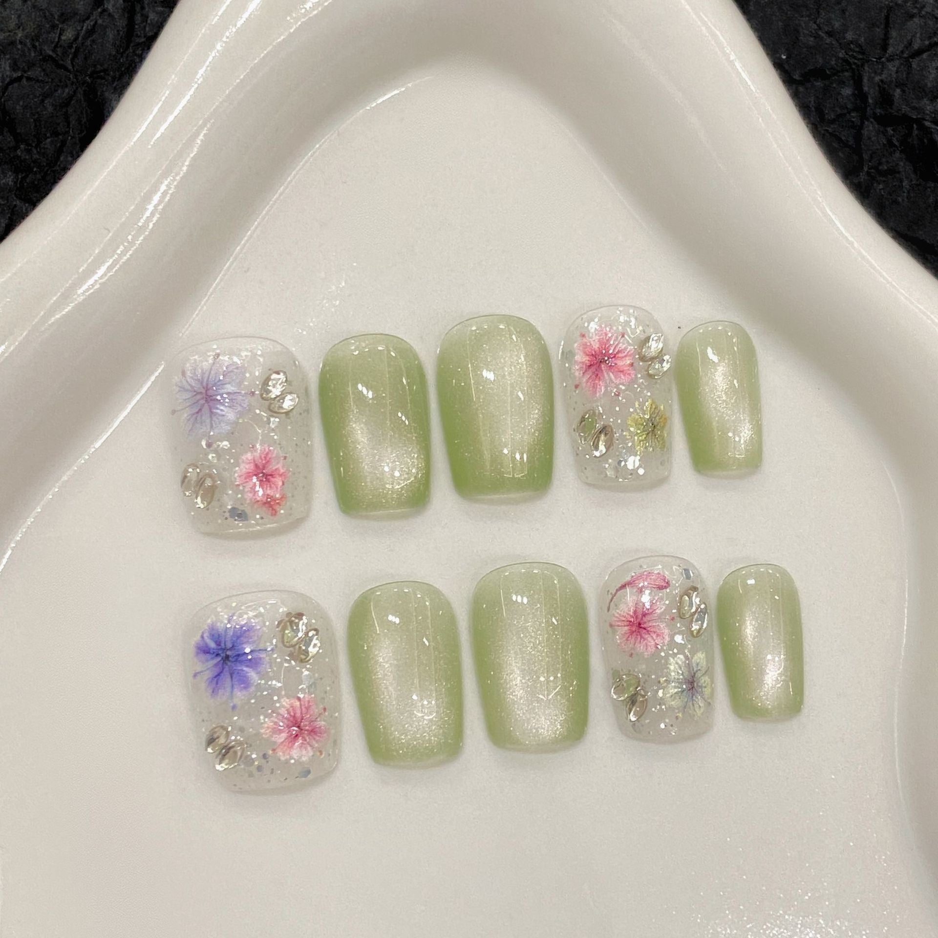 365nails: "Whispering Meadow" – 3D Floral & Cat Eye Handmade Short Square Nails