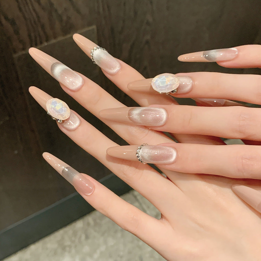 365nails: "Moonlight Sonata" – Iridescent Opal & Crystal Chain Handmade Stiletto Nails