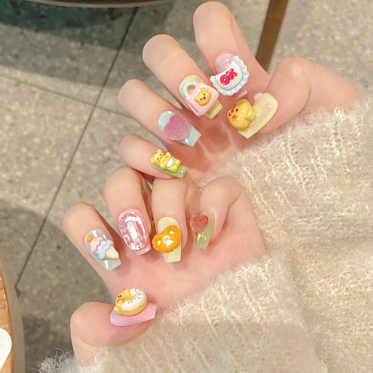 365nails: "Sweet Treats" – 3D Cartoon Bear & Donut Handmade Short Square Nails