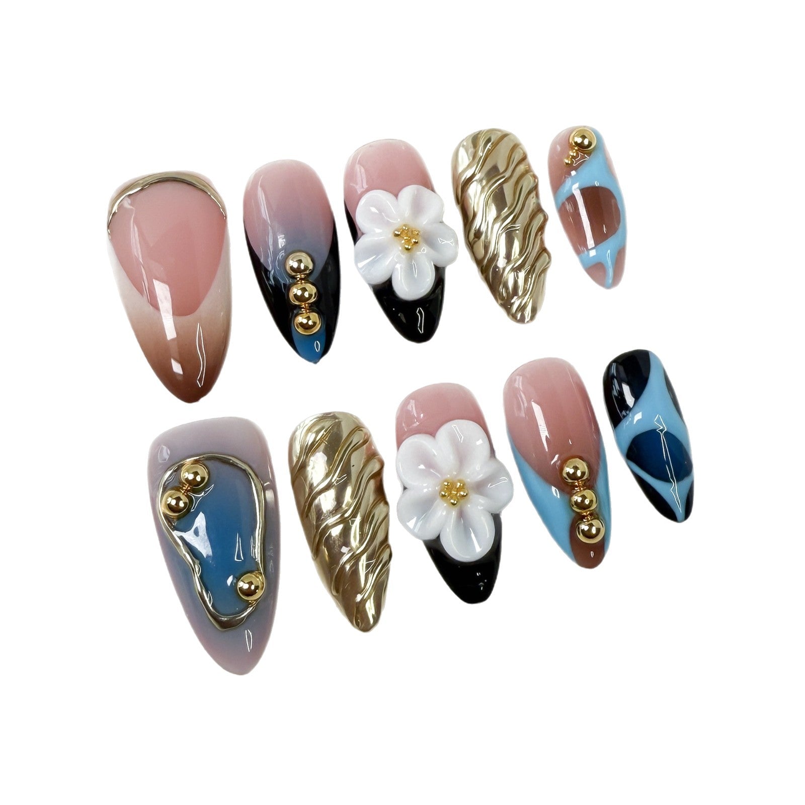 Trendy Press-On Nails with Gold Accents and Floral 3D Details
