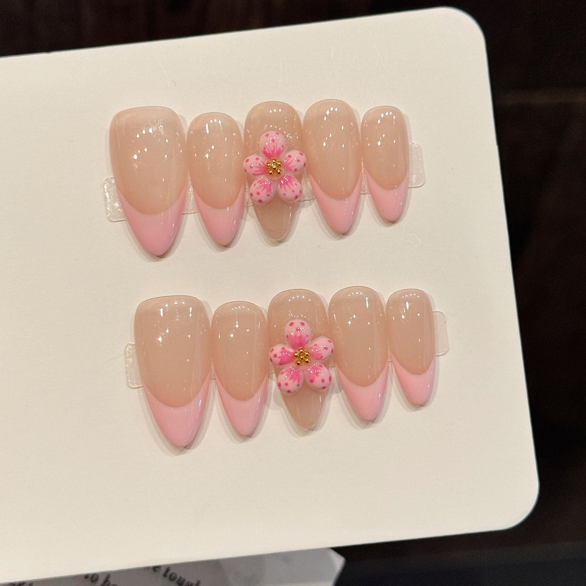 365nails: "Sakura Blush" – 3D Floral French Tip Handmade Almond Nails