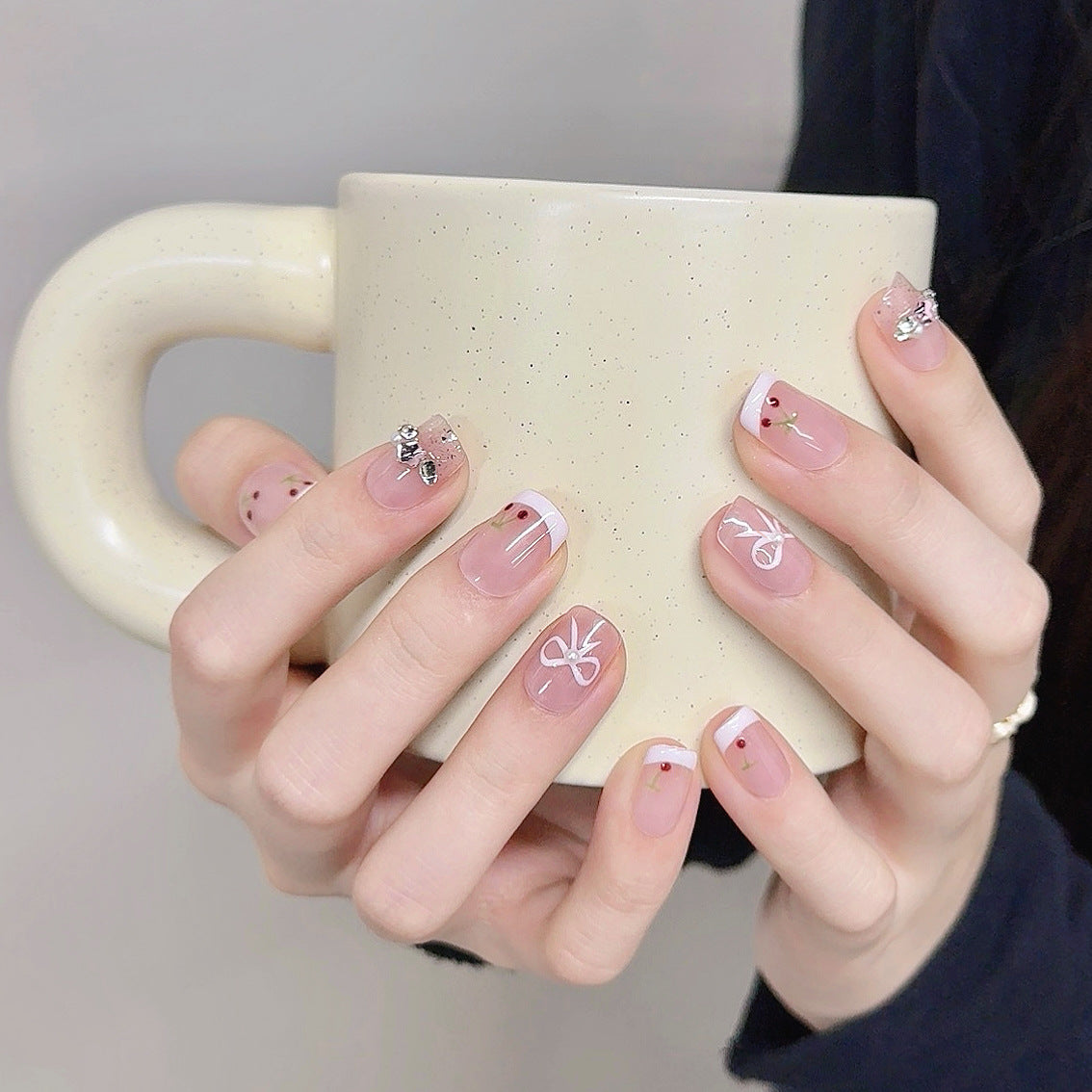 365nails: "Cherry Cream" – Hand-Painted Fruit & Bow French Tip Nails