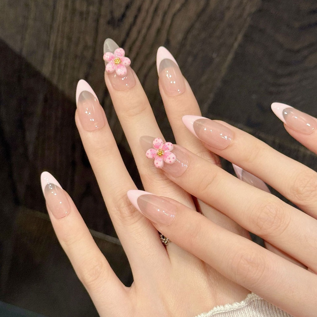 365nails: "Sakura Blush" – 3D Floral French Tip Handmade Almond Nails
