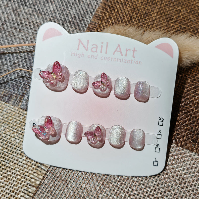 365nails: "aurora pink butterfly" – short squoval handmade kids press-on nails