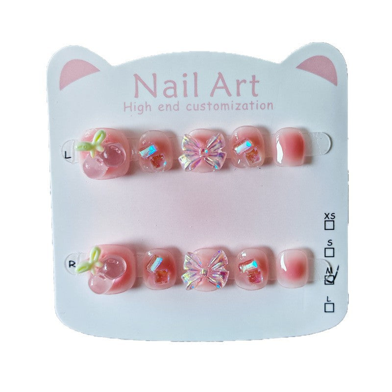 365nails: "peach jelly cherry bow" – short handmade kids press-on nails