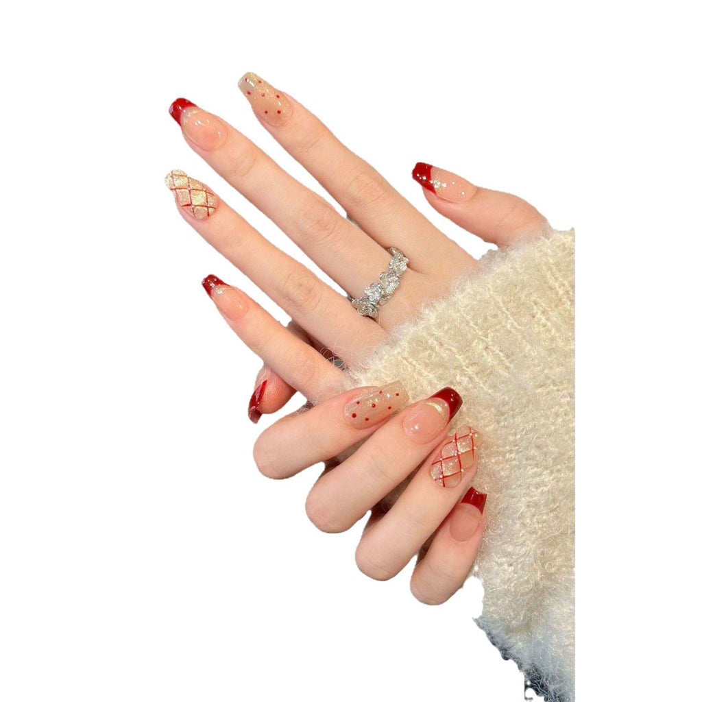 365nails: "Parisian Noel" – Red French Tip & Plaid Handmade Short Square Nails