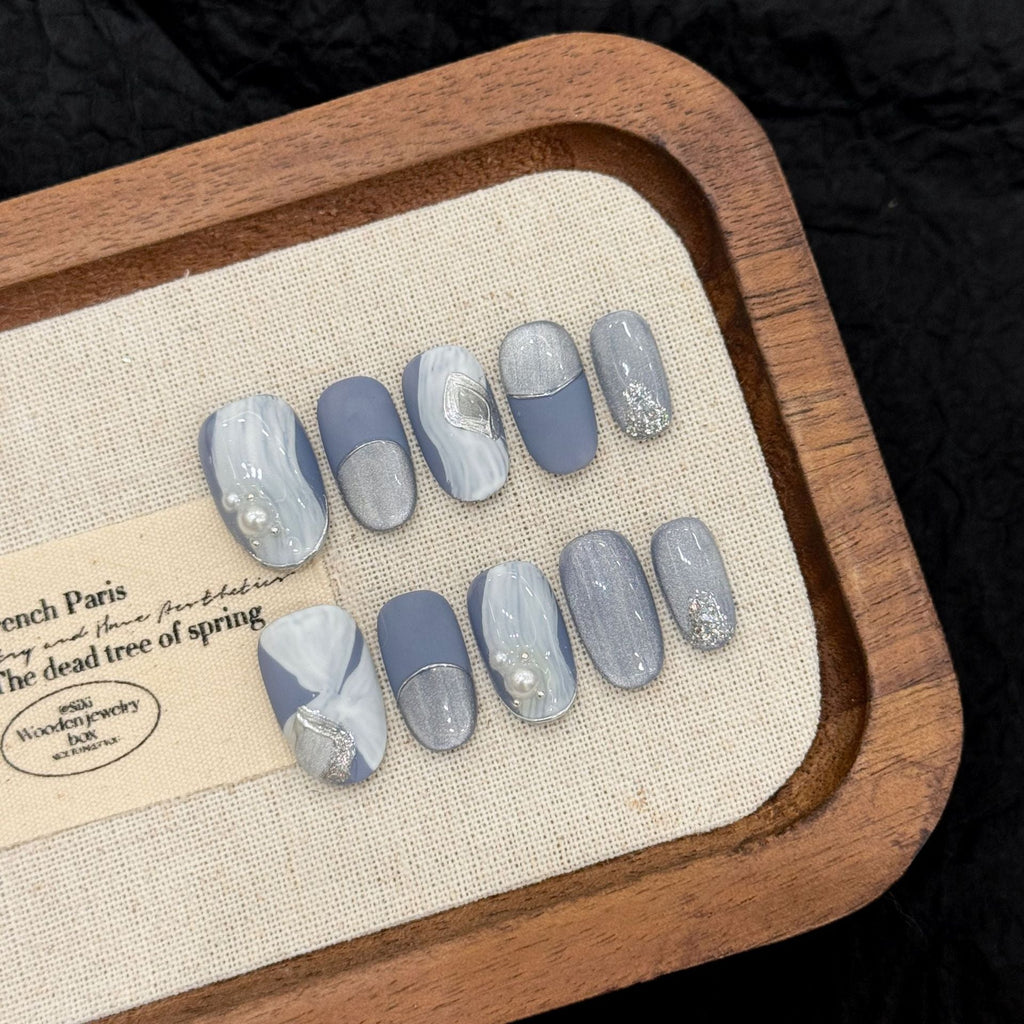 365nails: "Misty Marble" – Matte Blue French Tip Handmade Short Square Nails