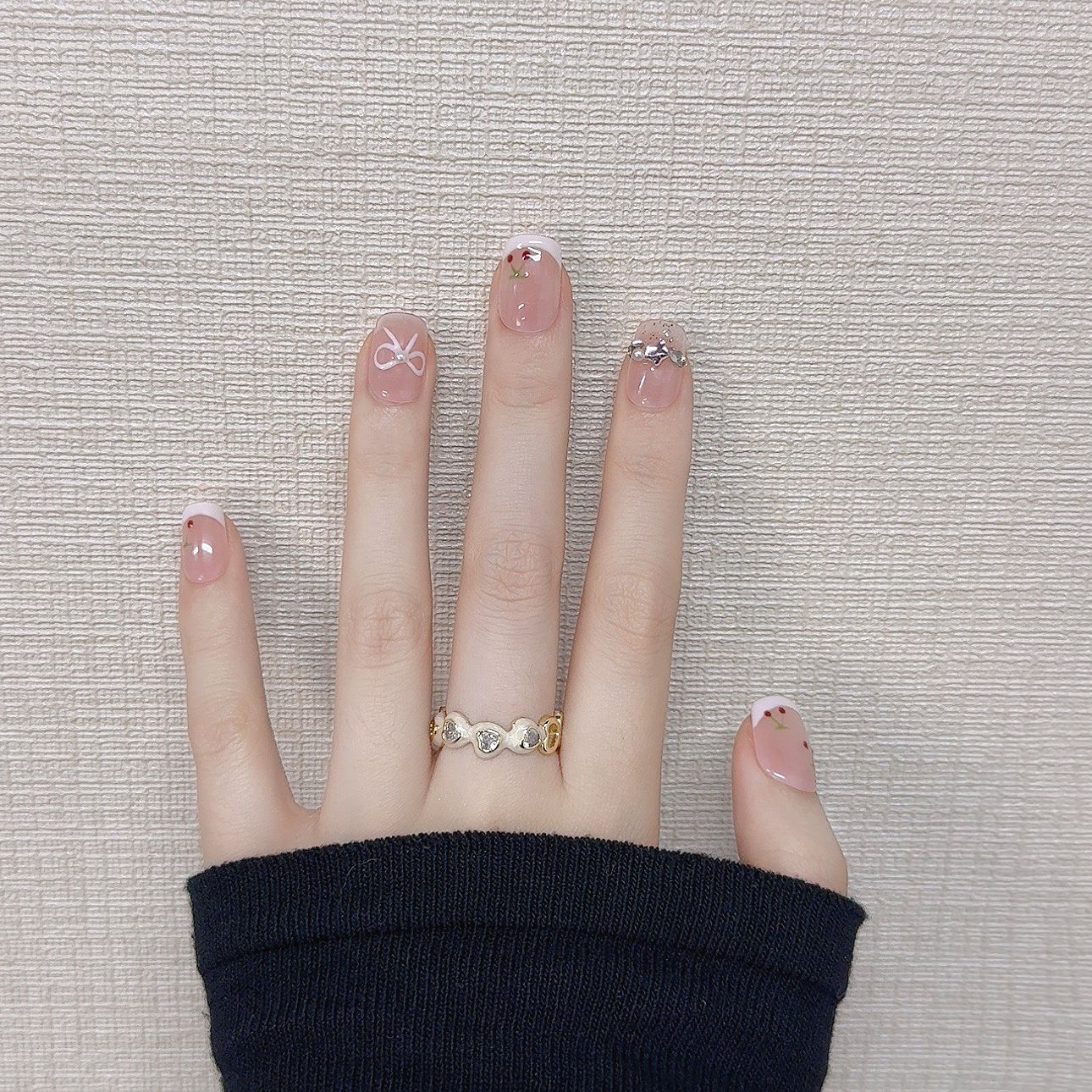 365nails: "Cherry Cream" – Hand-Painted Fruit & Bow French Tip Nails