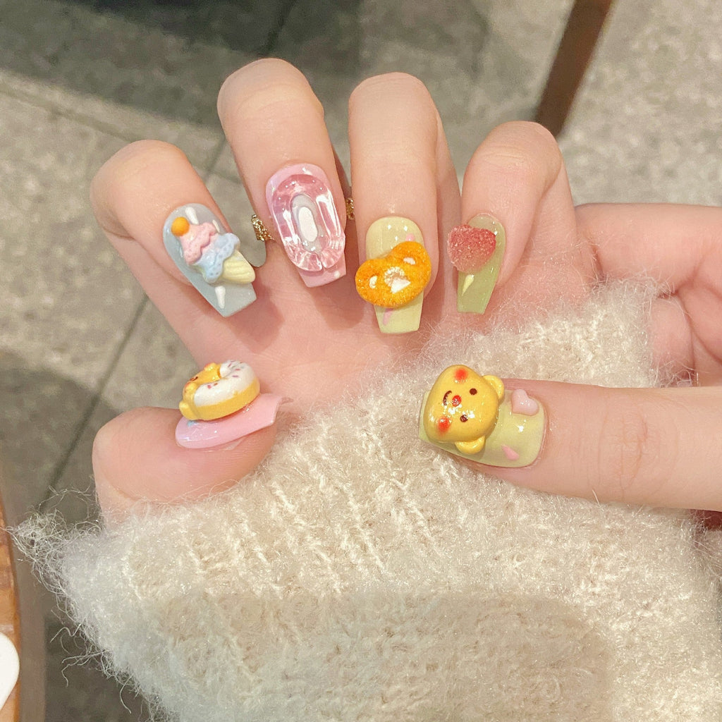 365nails: "Sweet Treats" – 3D Cartoon Bear & Donut Handmade Short Square Nails