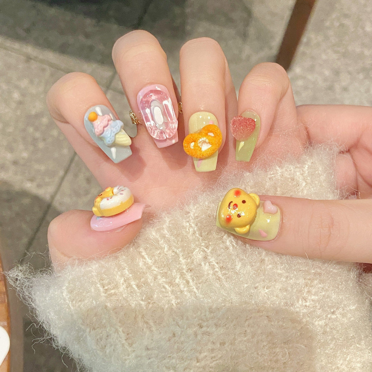 365nails: "Sweet Treats" – 3D Cartoon Bear & Donut Handmade Short Square Nails