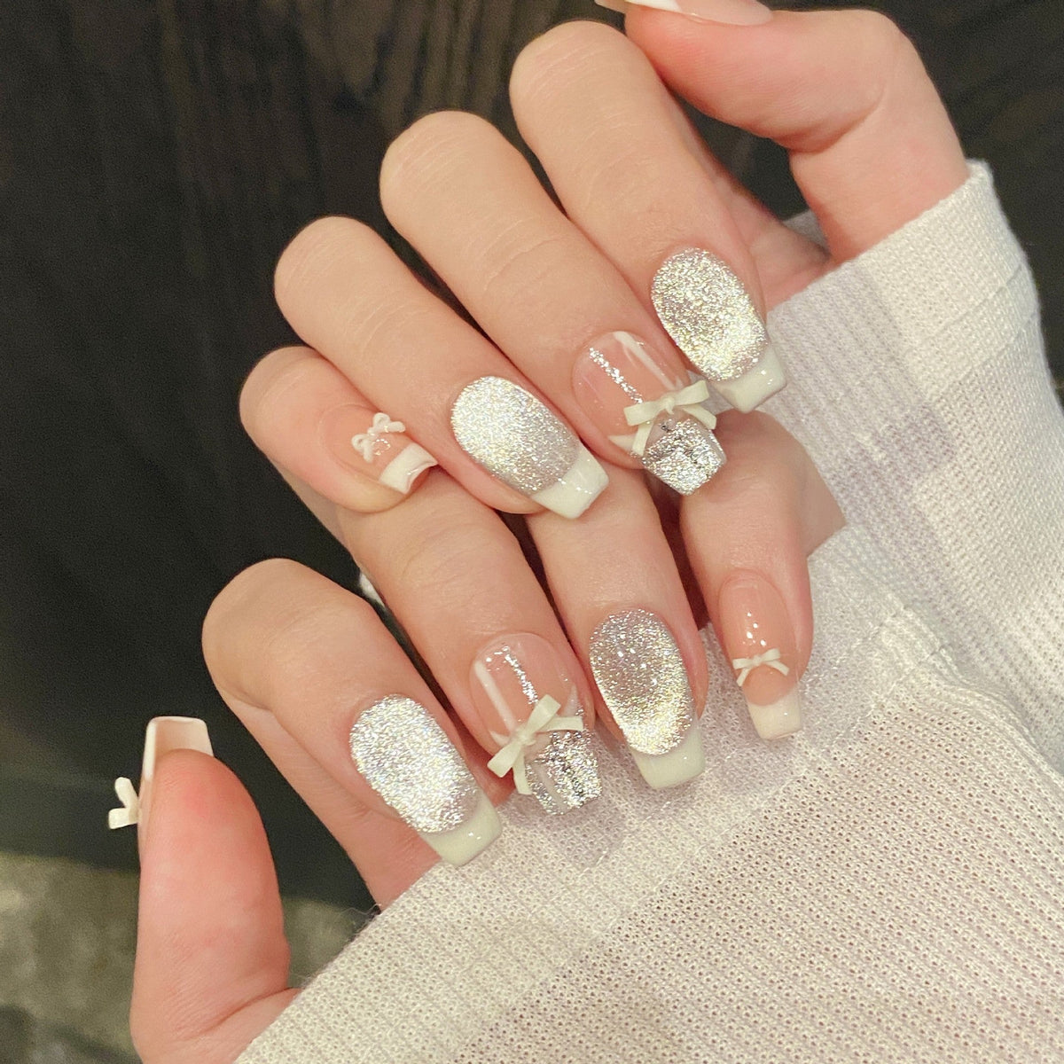 365nails: "Ballet Ribbon" – 3D Bow French Tip & Silver Glitter Handmade Coffin Nails